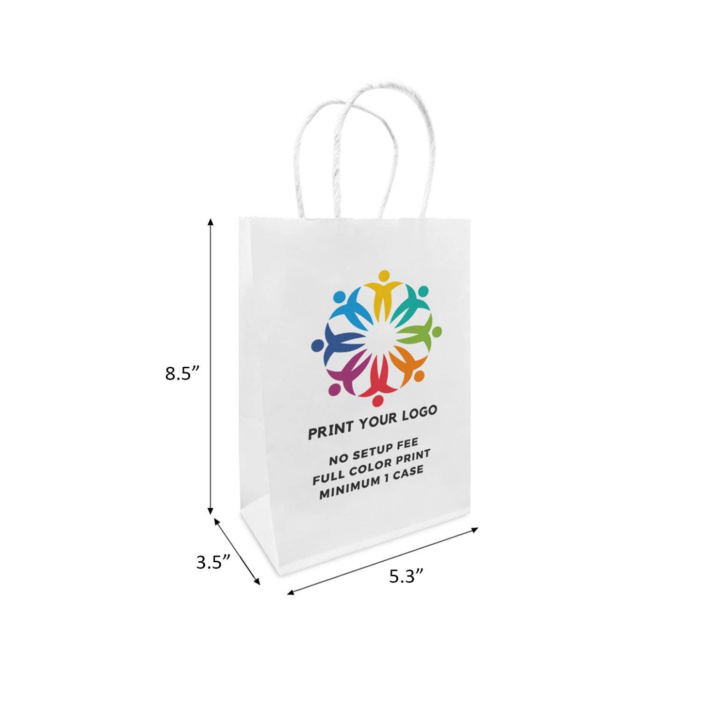 Custom Print Gem 5.3x3.5x8.5 inches White Paper Bags: 250 bags / 1 side print (front)