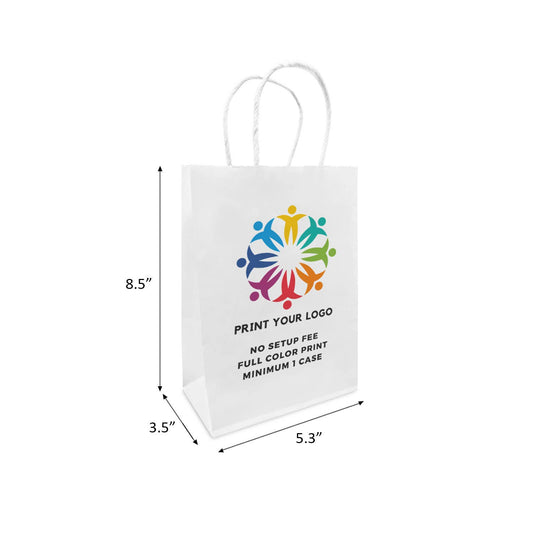 Custom Print Gem 5.3x3.5x8.5 inches White Paper Bags: 250 bags / 1 side print (front)