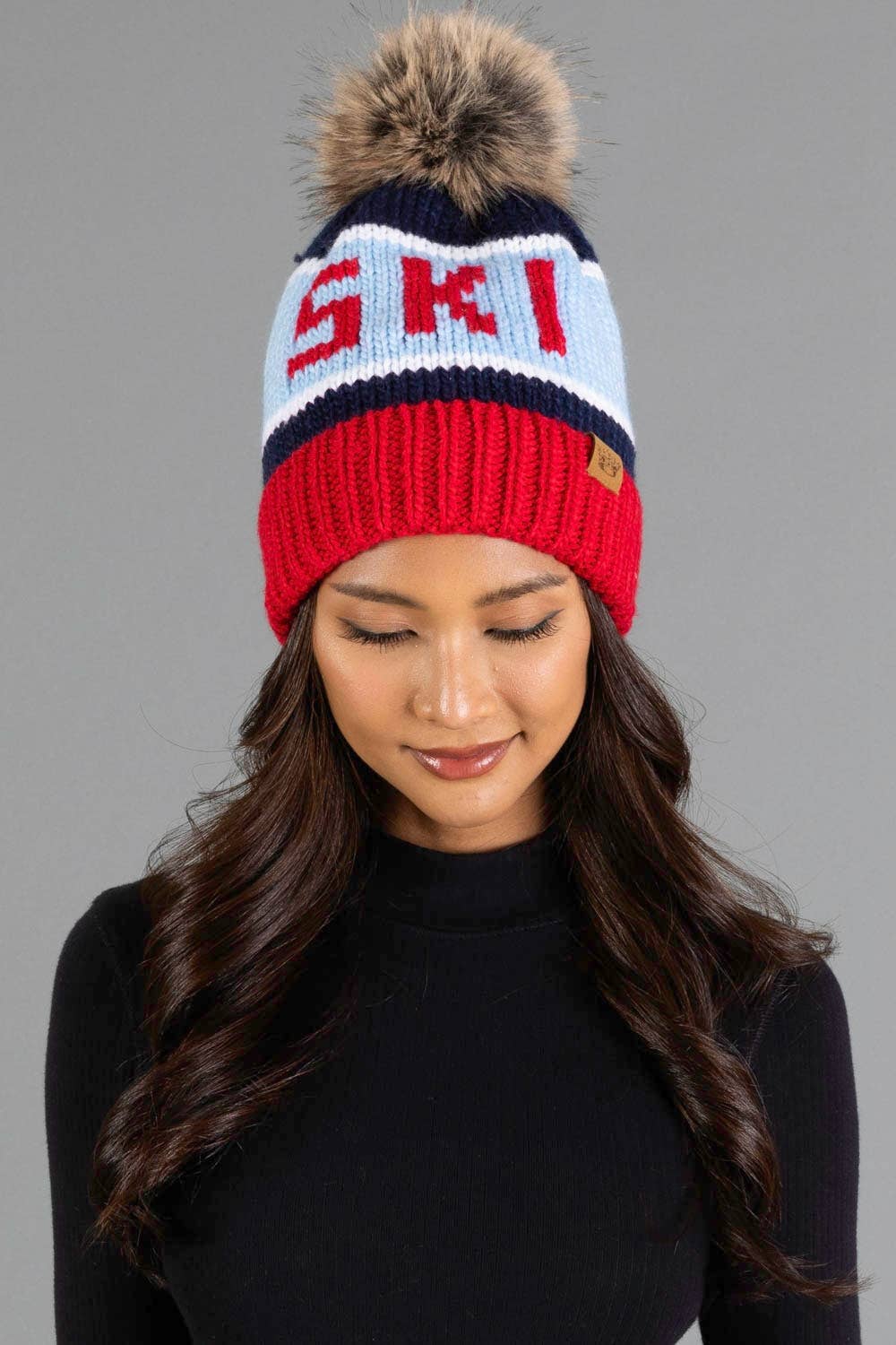 Red, Lt. Blue & Navy Ski Pom Hat