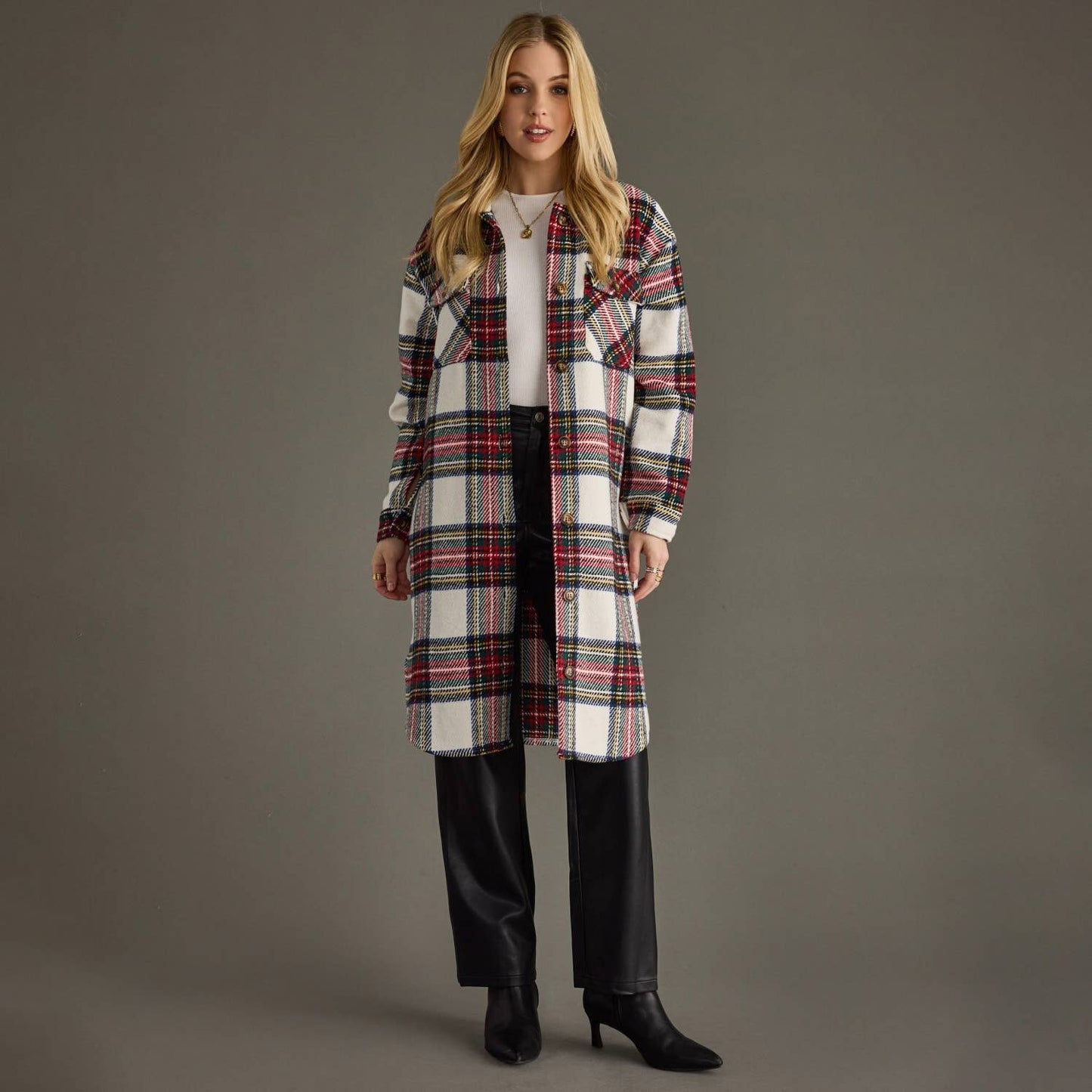 Ivory & Multicolored Plaid Long Shacket