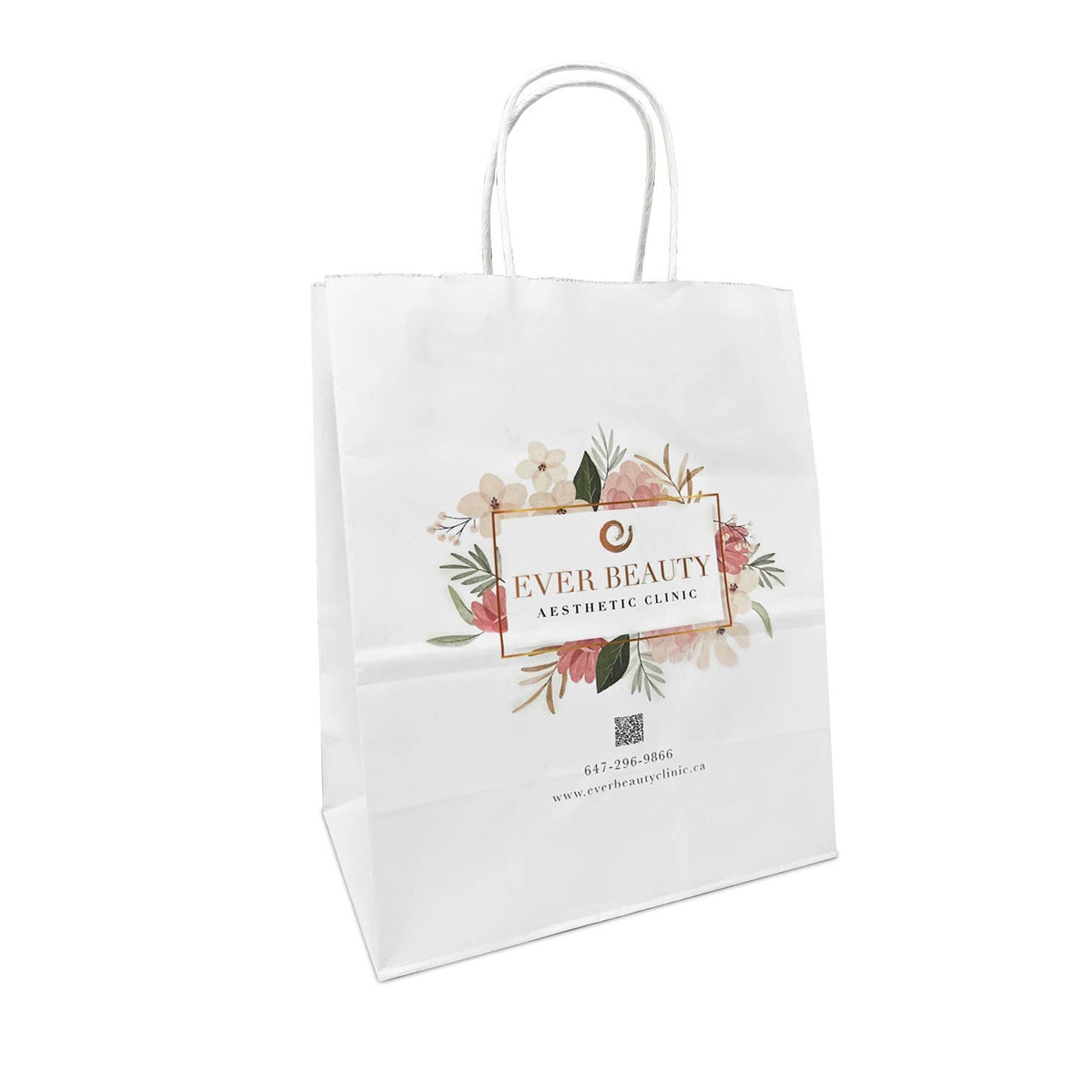 Custom Print Debbie 10x5x13 White Paper Handle Bags: 250 bags - $0.74/pc / 1 side print (front)