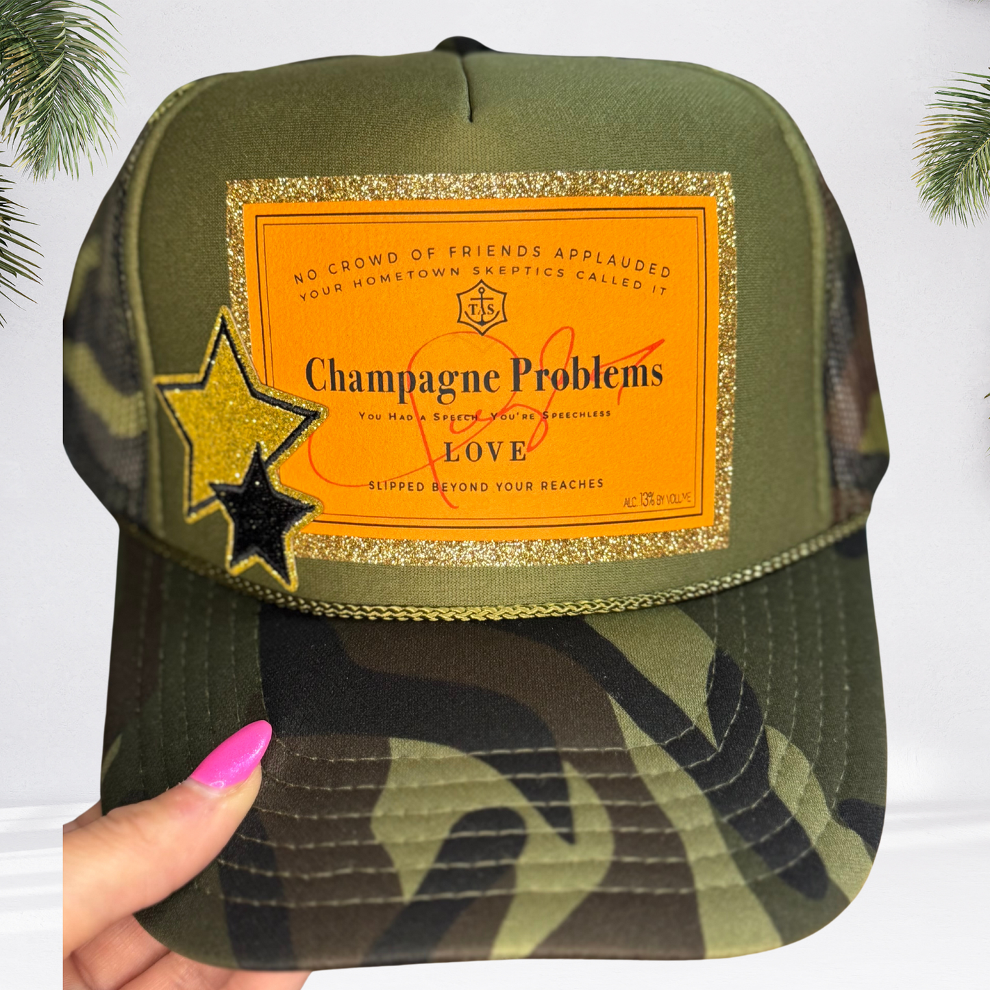 Champagne Problems Camo Glitter Trucker Hat