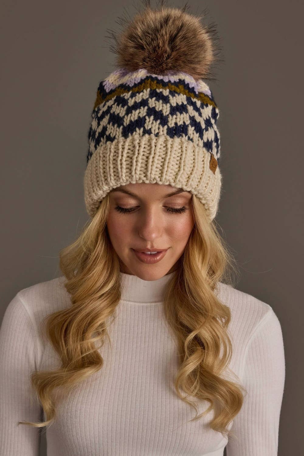 Beige, Navy & Lilac Patterned Pom Hat