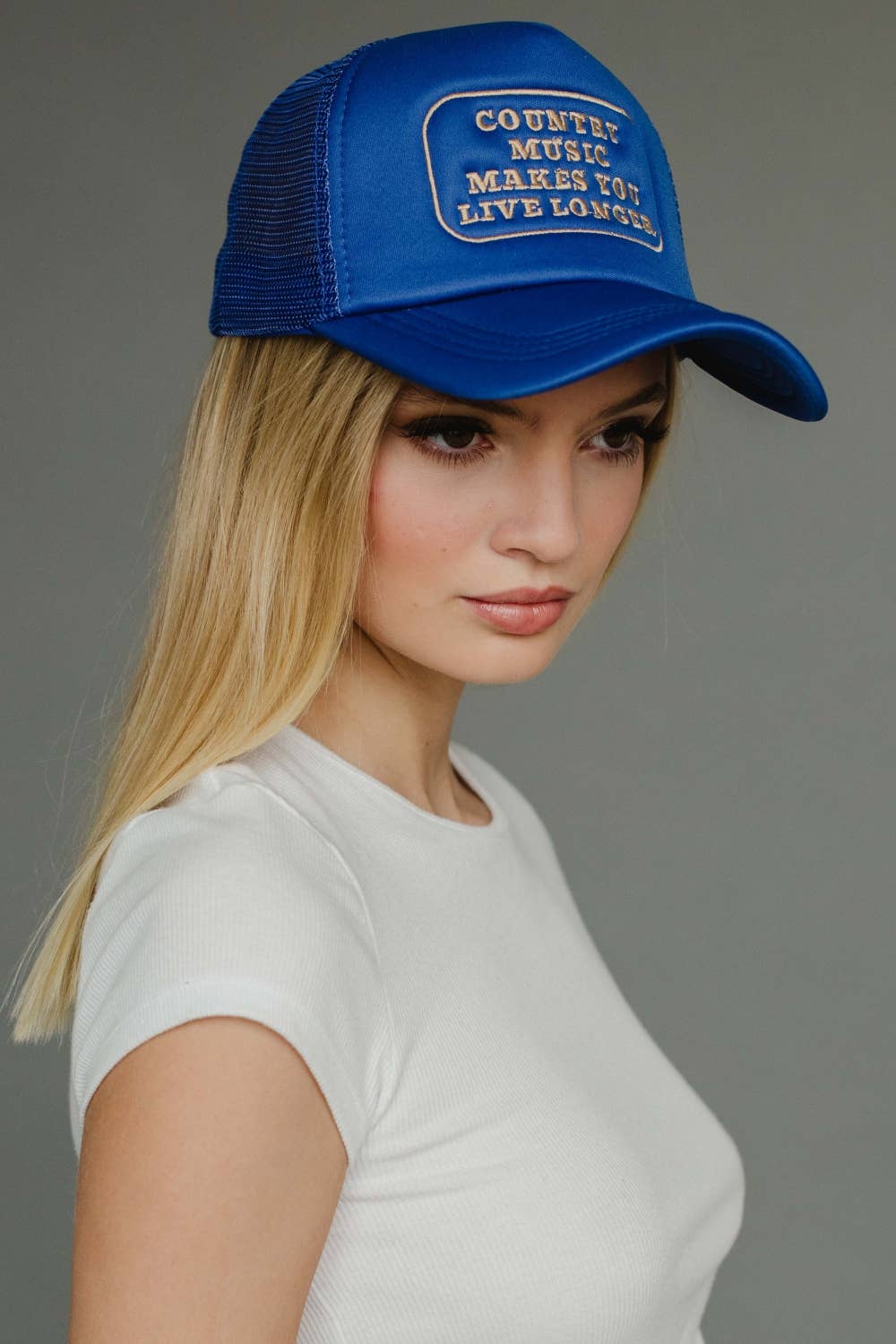 Blue Country Music Makes You Live Longer Trucker Hat