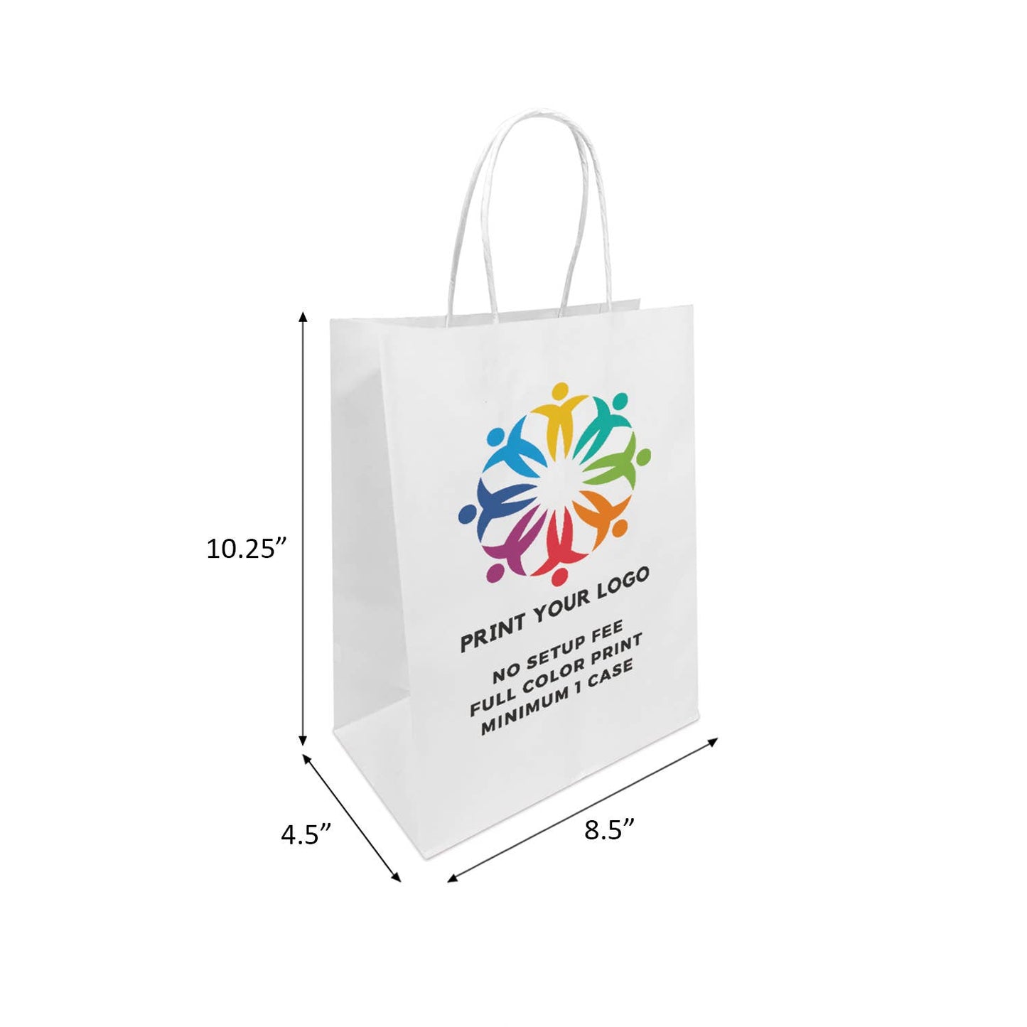 Custom Print Cub 8x4.75x10.25 White Paper Bags: 250 bags - $0.67/pc / 1 side print (front)