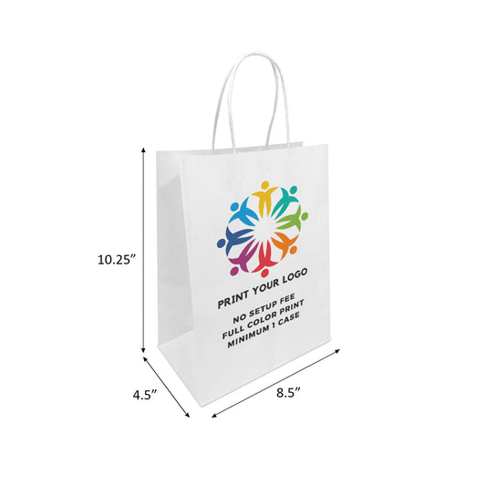 Custom Print Cub 8x4.75x10.25 White Paper Bags: 250 bags - $0.67/pc / 1 side print (front)