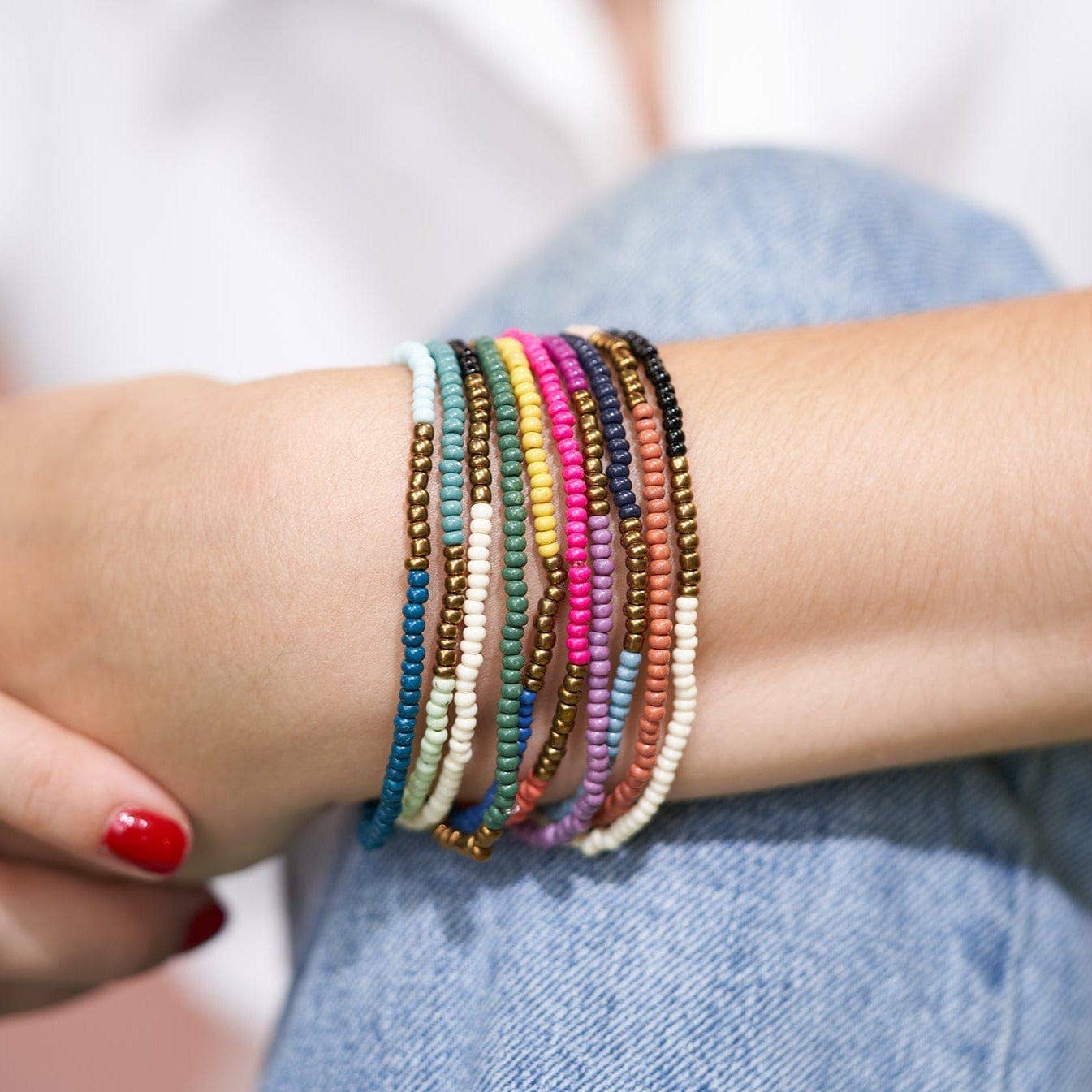 Sage Block Beaded Stretch Bracelets Gold