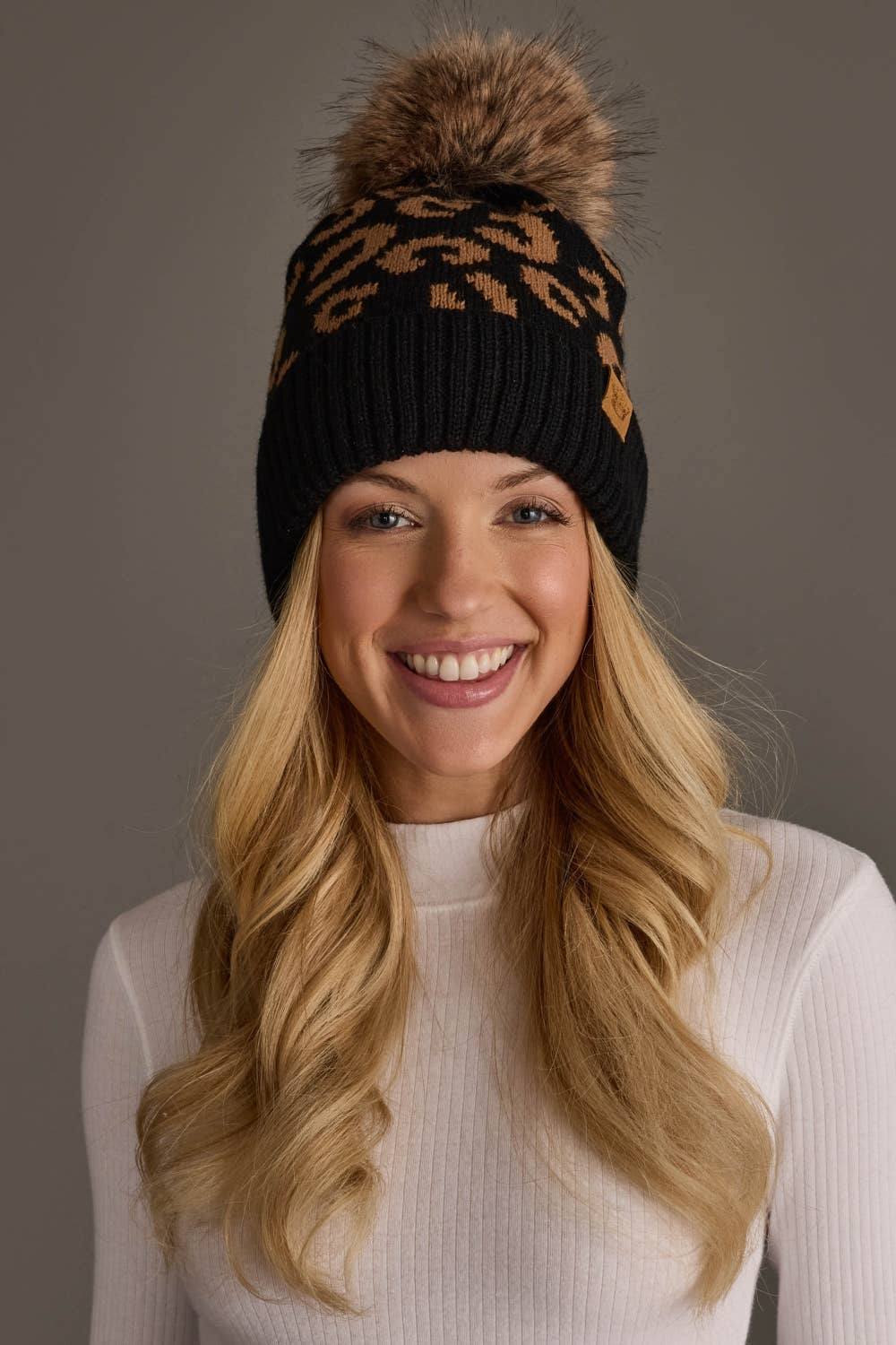 Black Leopard Pattern Knit Pom Hat