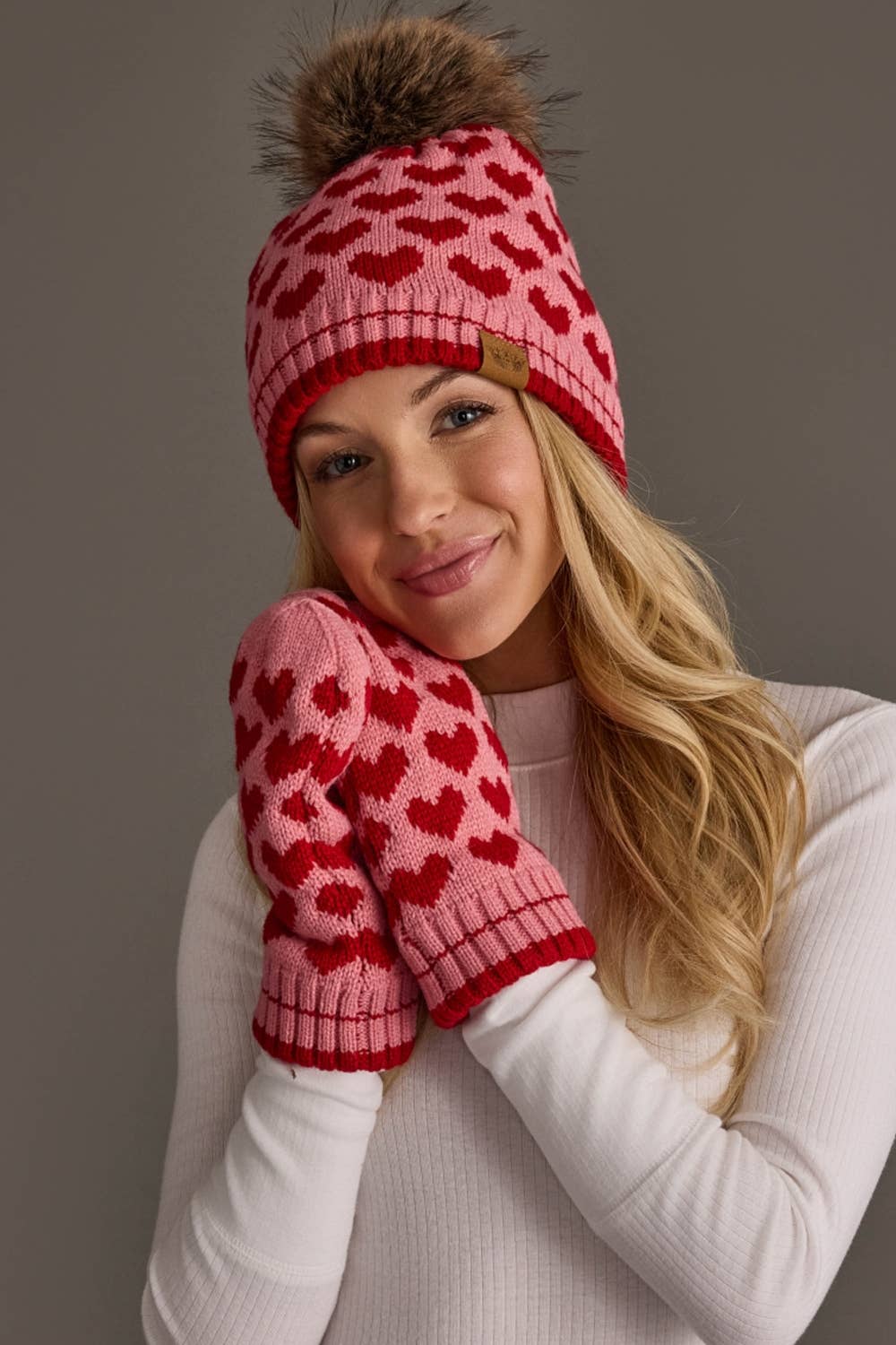Pink & Red Heart Pattern Mittens