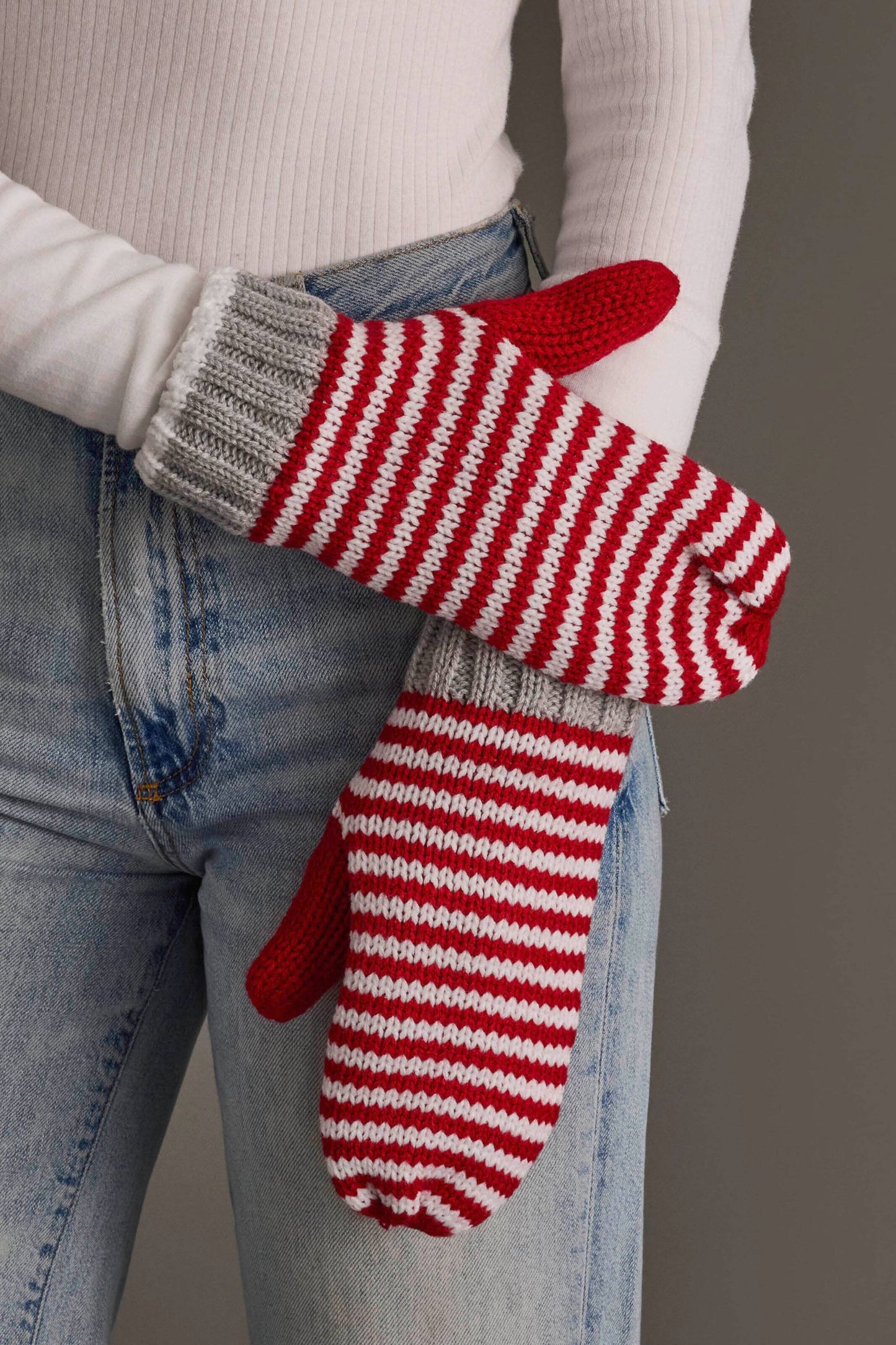 Red & White Striped Knit Mittens