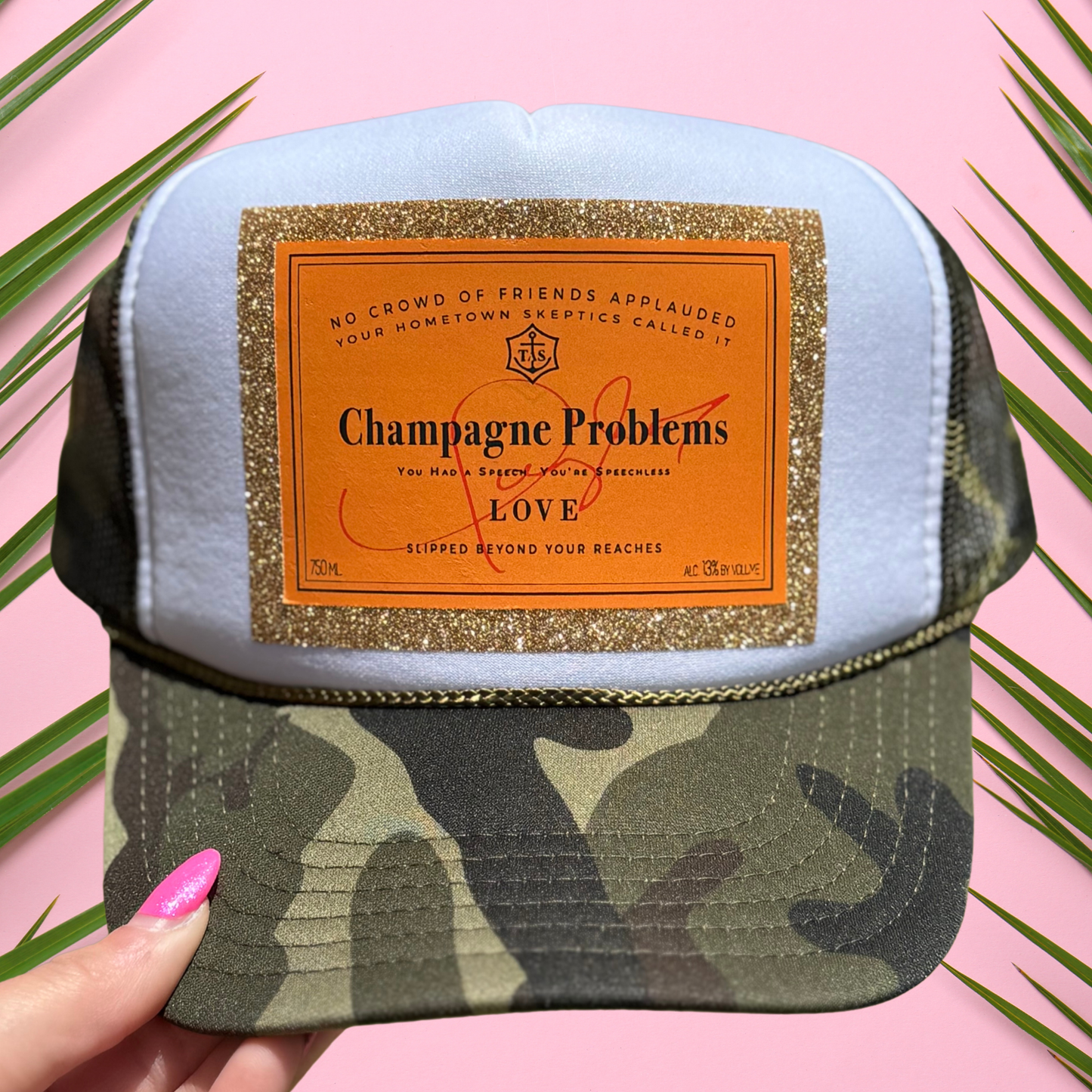 Champagne Problems Camo Glitter Trucker Hat