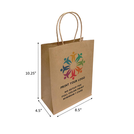Custom Print Cub 8x4.75x10.25 inches Kraft Paper Bags: 250 bags / 1 side print (front)
