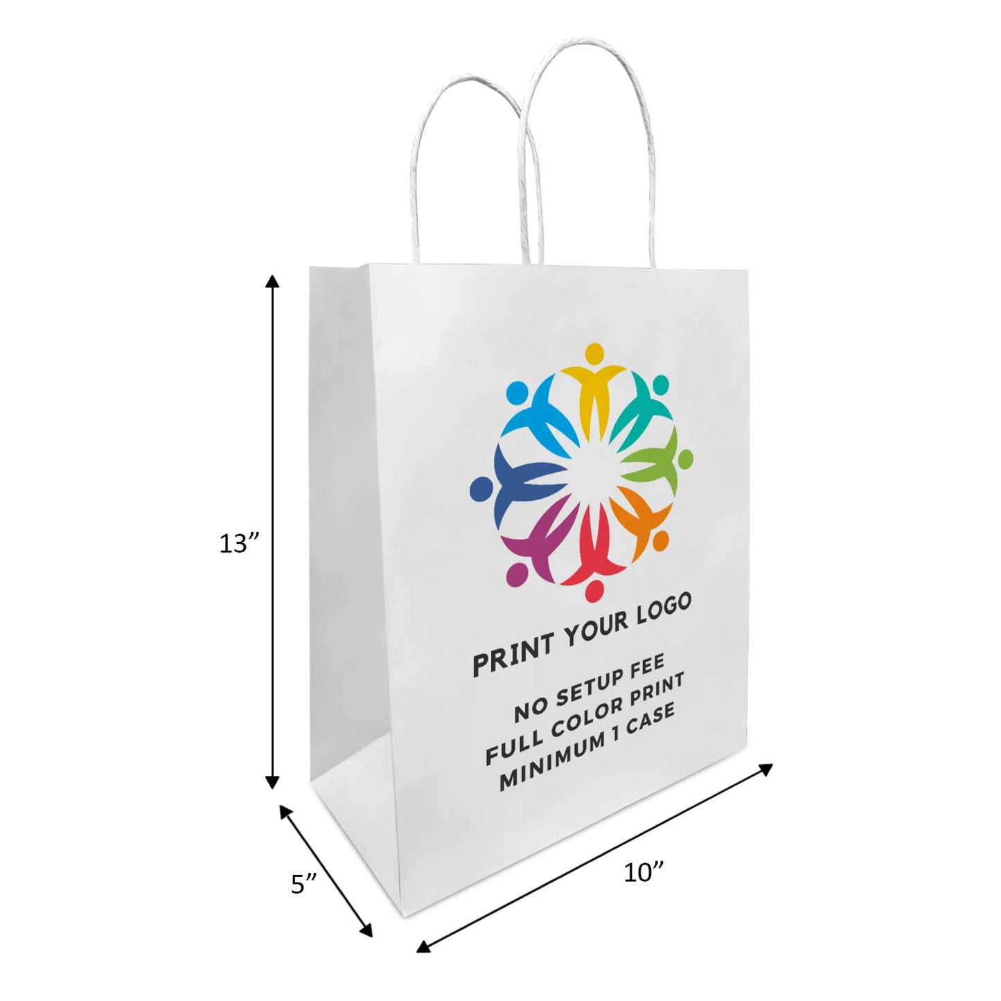 Custom Print Debbie 10x5x13 White Paper Handle Bags: 250 bags - $0.74/pc / 1 side print (front)