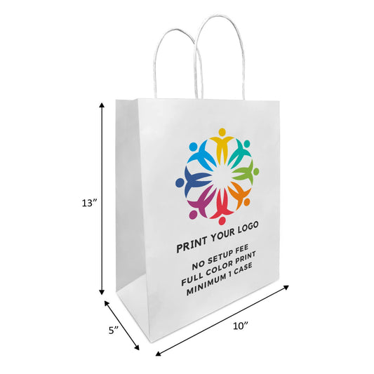 Custom Print Debbie 10x5x13 White Paper Handle Bags: 250 bags - $0.74/pc / 1 side print (front)