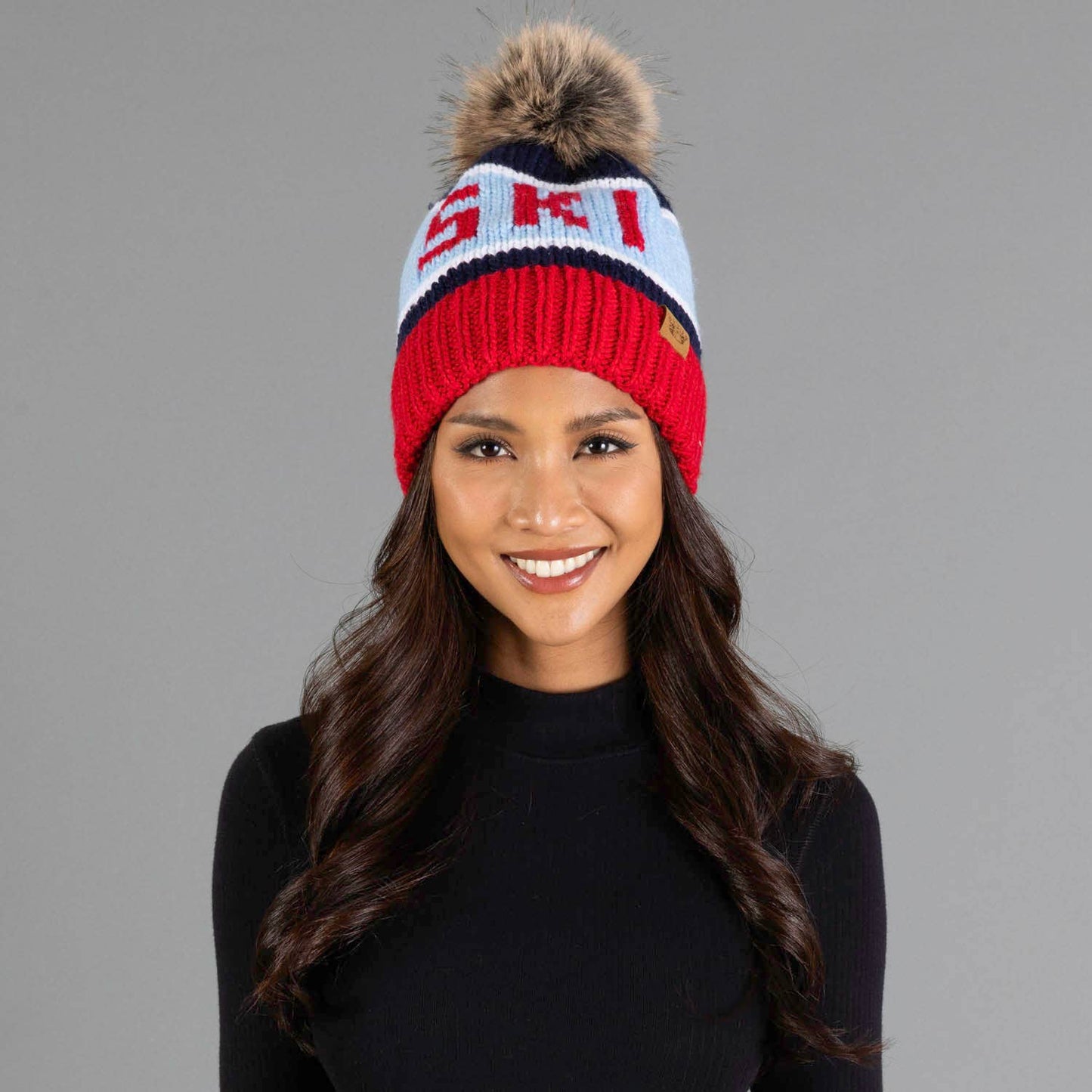 Red, Lt. Blue & Navy Ski Pom Hat