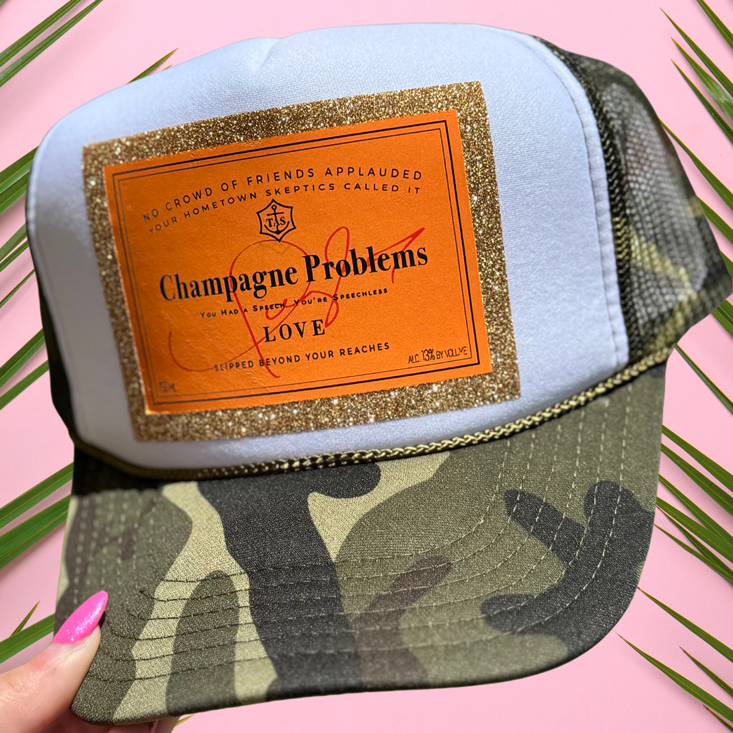 Champagne Problems Camo Glitter Trucker Hat