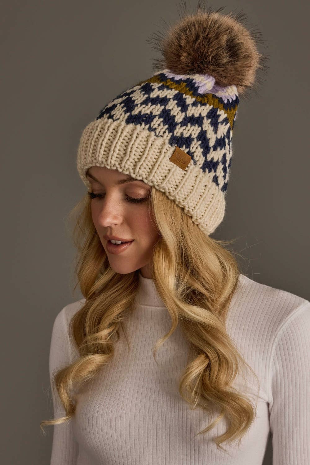 Beige, Navy & Lilac Patterned Pom Hat