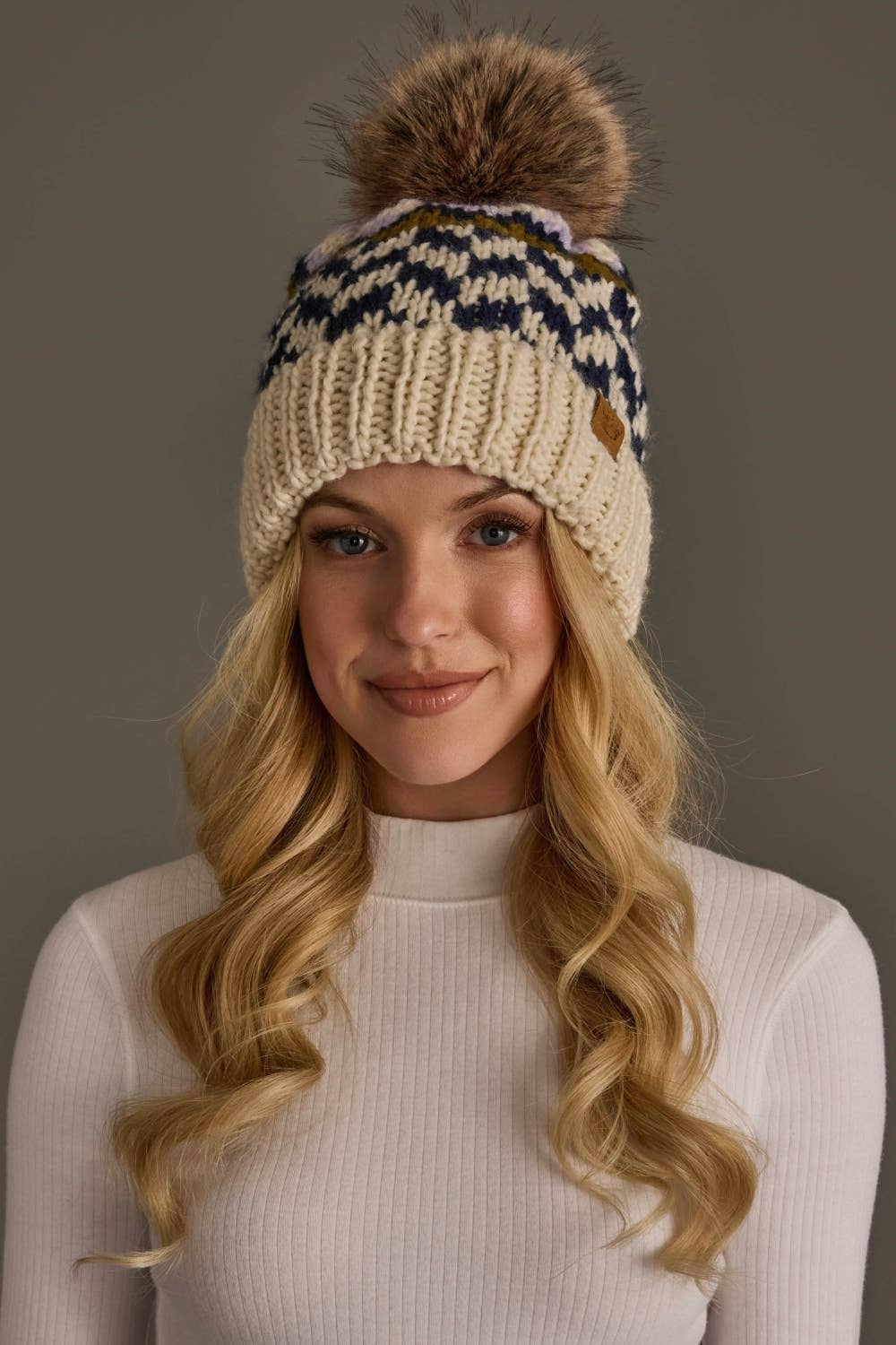 Beige, Navy & Lilac Patterned Pom Hat