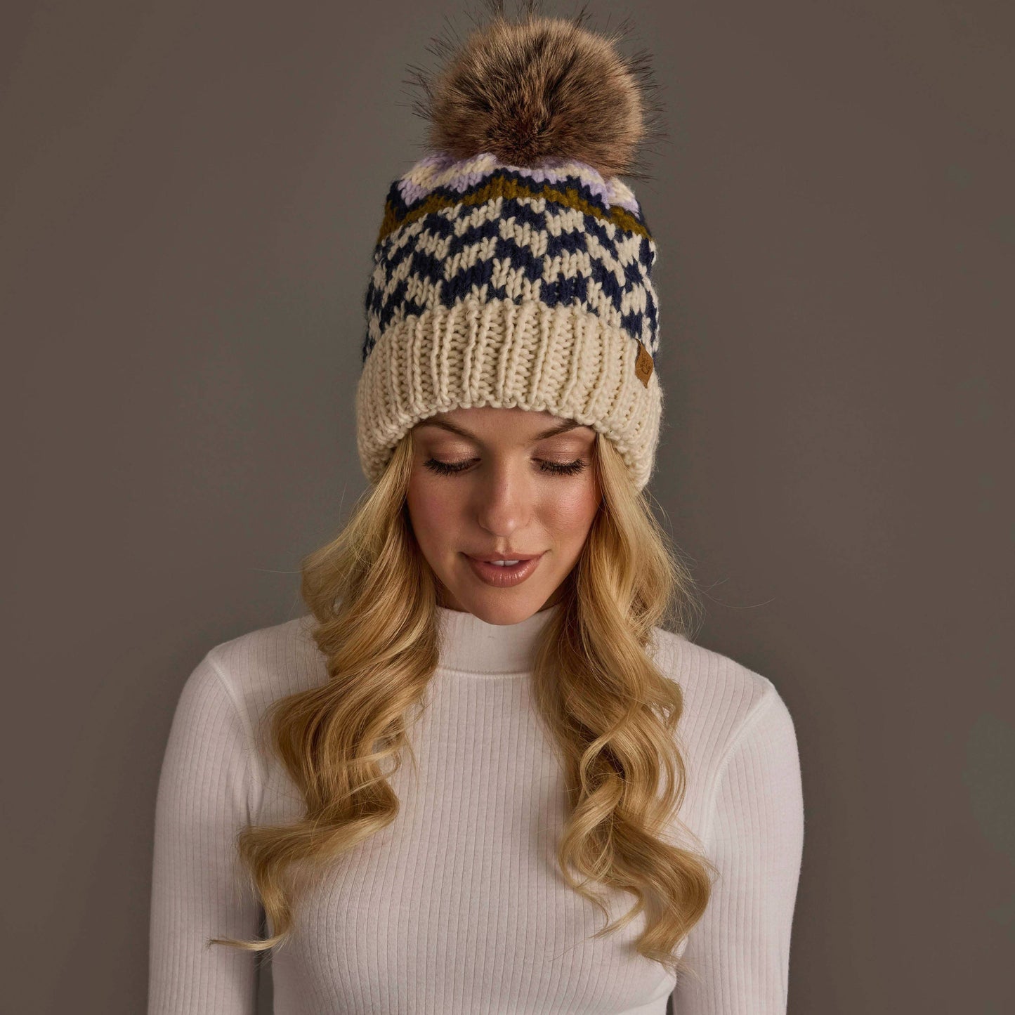 Beige, Navy & Lilac Patterned Pom Hat