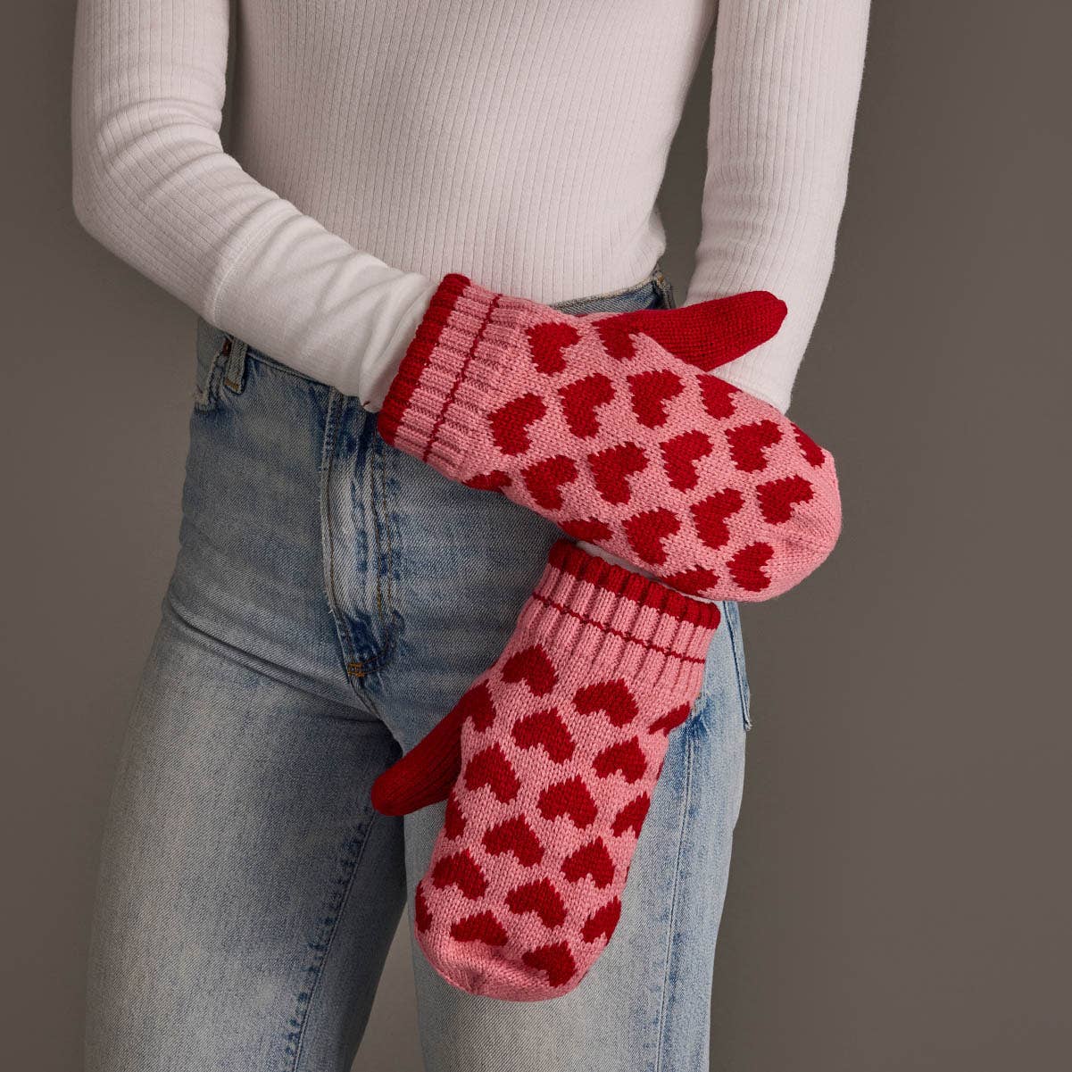 Pink & Red Heart Pattern Mittens