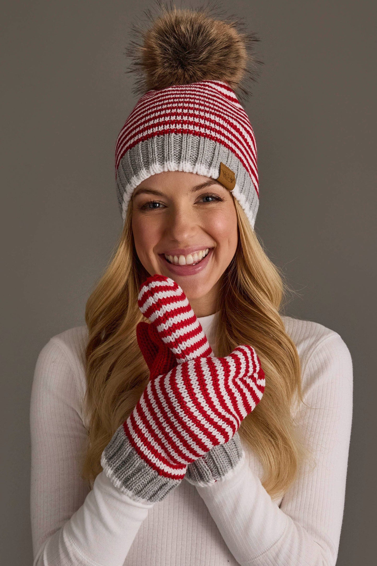 Red & White Striped Knit Mittens
