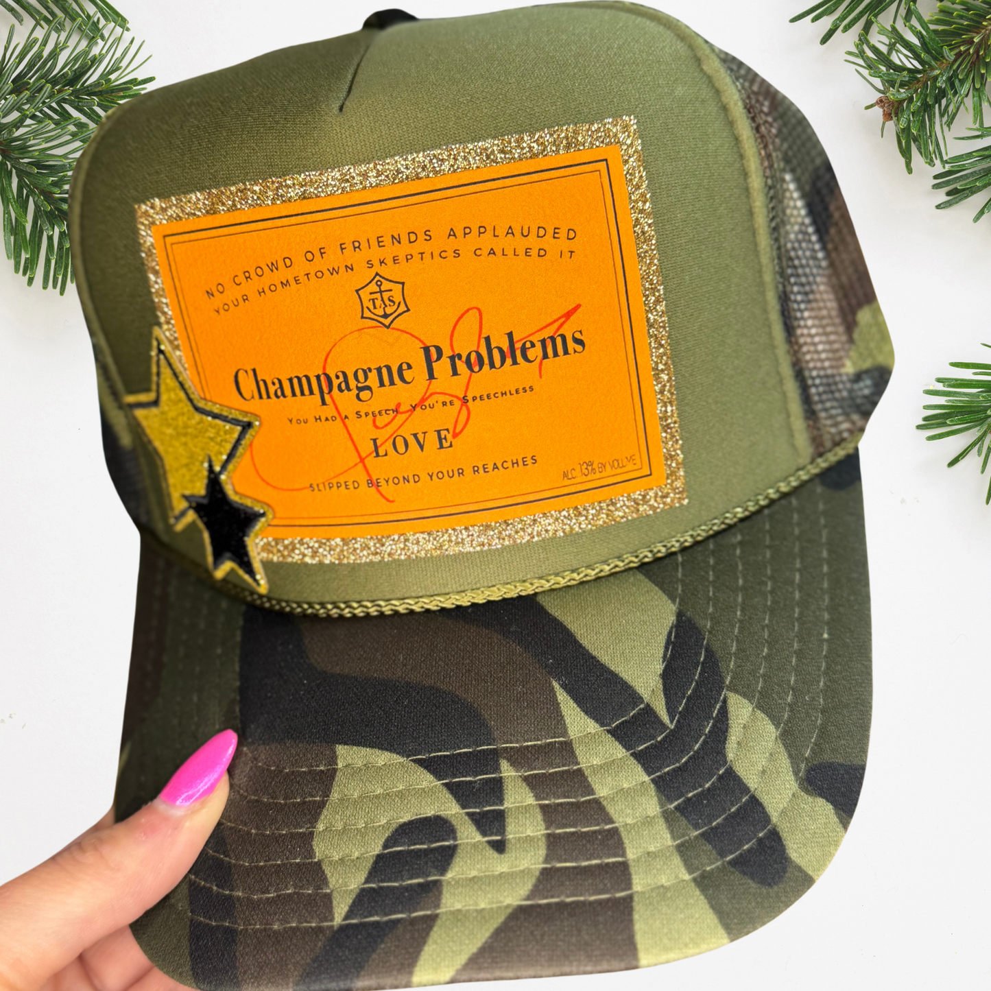Champagne Problems Camo Glitter Trucker Hat