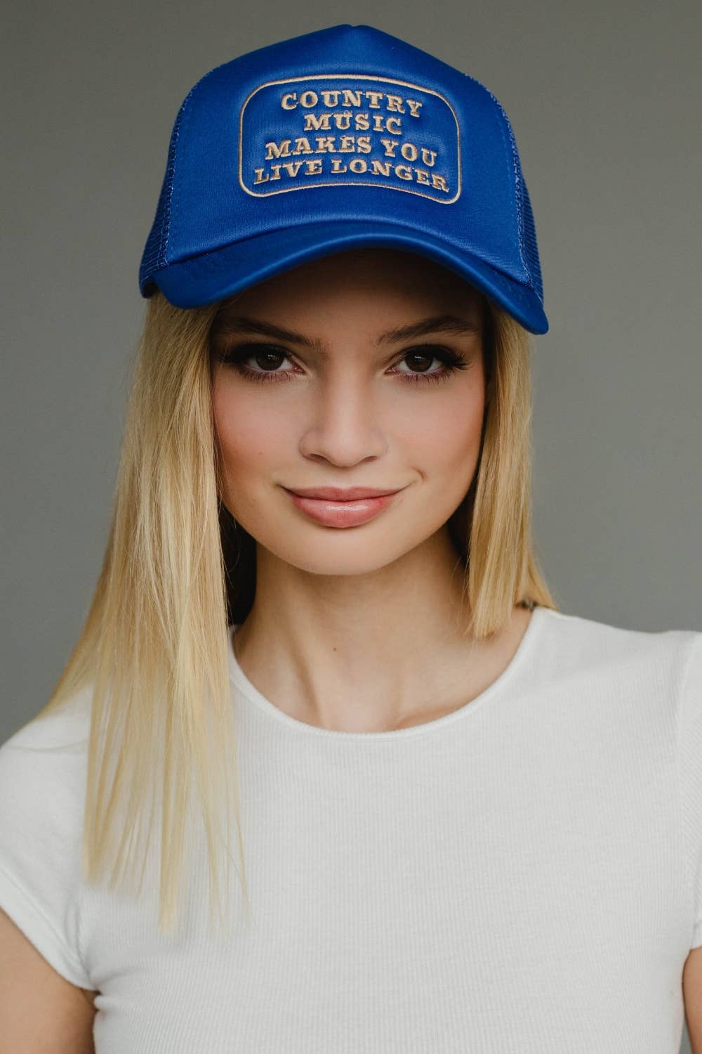 Blue Country Music Makes You Live Longer Trucker Hat