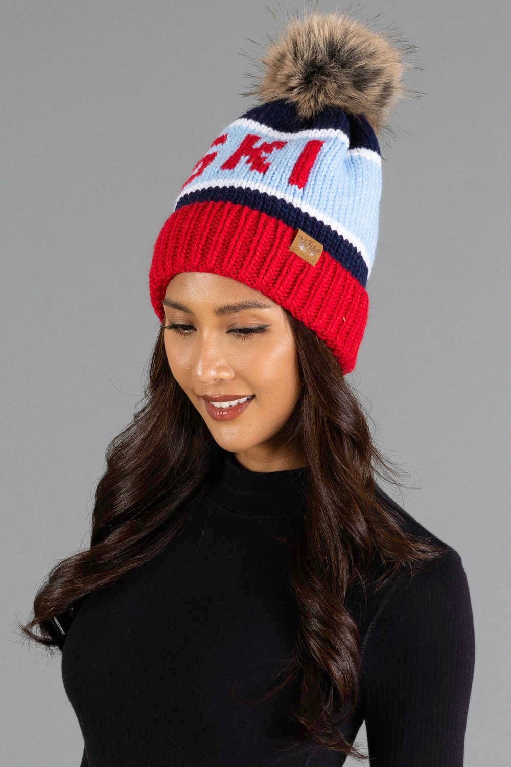 Red, Lt. Blue & Navy Ski Pom Hat