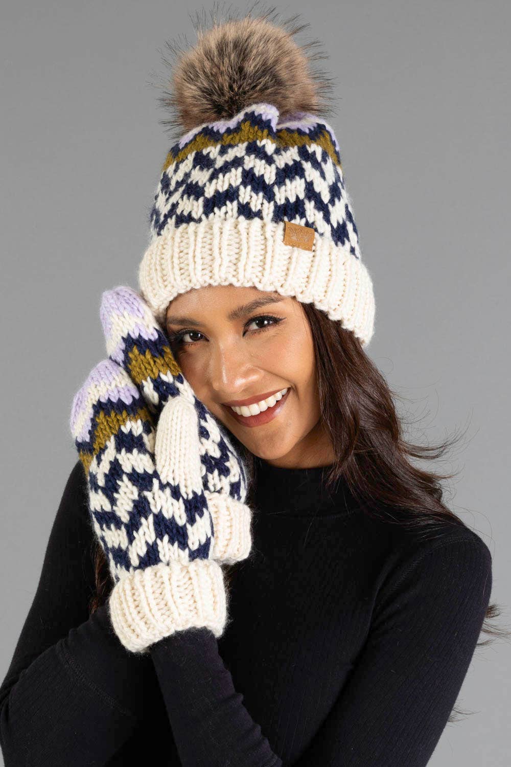 Beige, Navy & Lilac Patterned Pom Hat