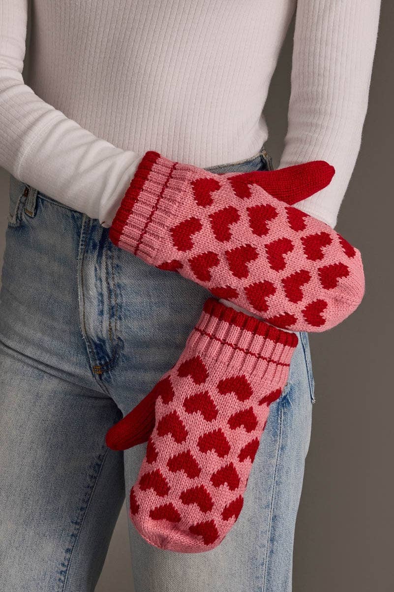 Pink & Red Heart Pattern Mittens