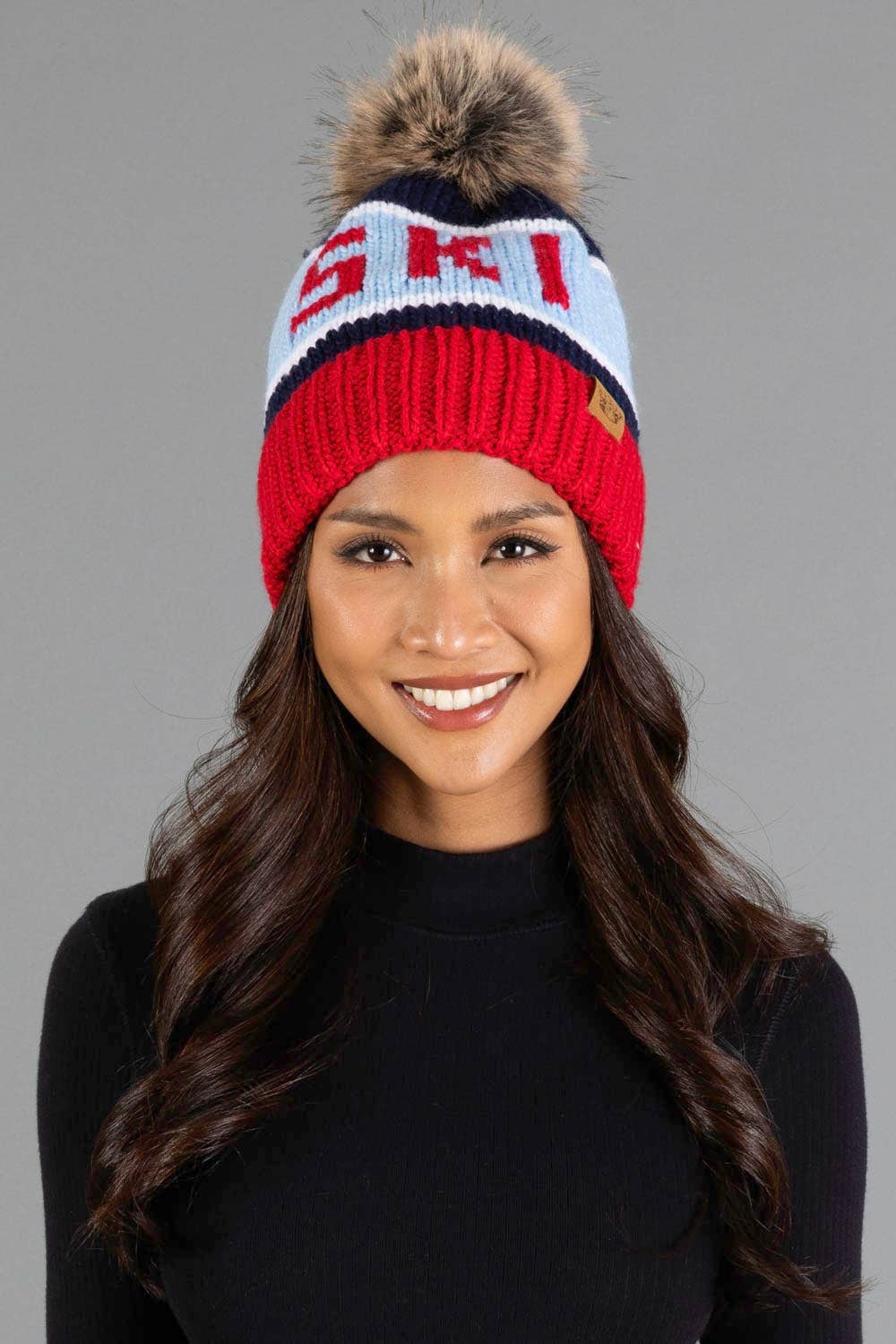 Red, Lt. Blue & Navy Ski Pom Hat