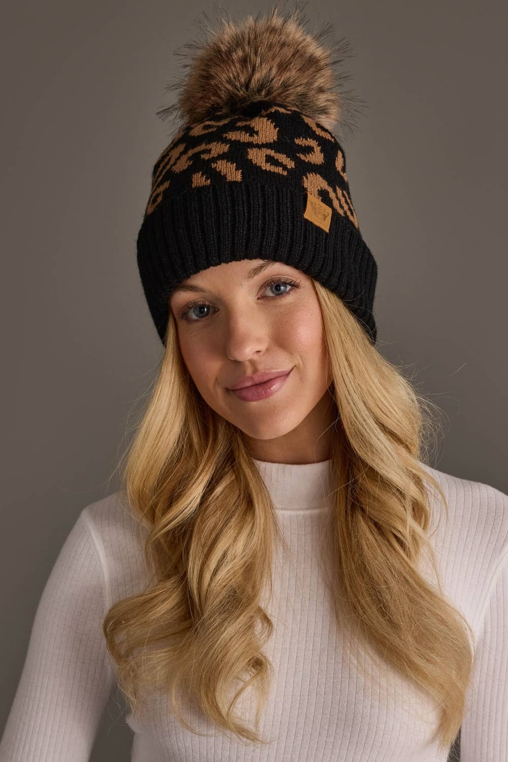 Black Leopard Pattern Knit Pom Hat