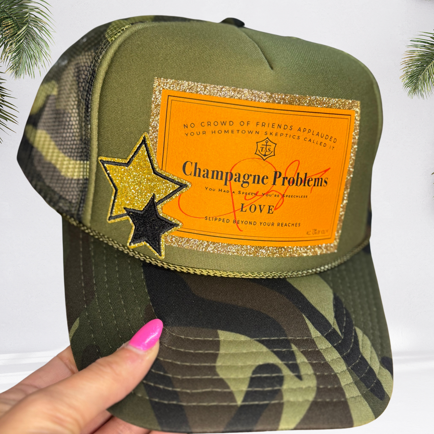 Champagne Problems Camo Glitter Trucker Hat